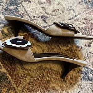 Italian-made open toe kitten heel shoes, taupe, embellished, dainty